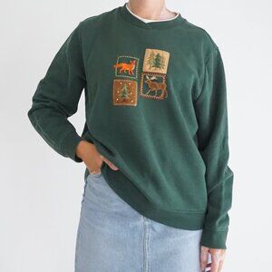 Vintage Studio Works Sport Green Embroidered Woodland Fox Deer Cabin Sweater L